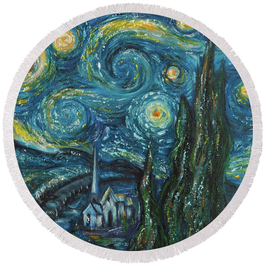 Lenaowens Round Beach Towel featuring the digital art Modern interpretation of Vincent Van Gogh's scene of The Starry Night. by OLena Art by Lena Owens - Vibrant DESIGN