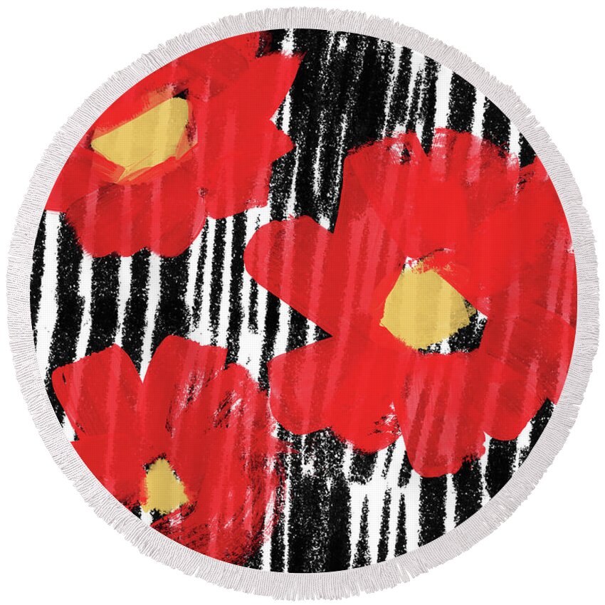 Modern Round Beach Towel featuring the mixed media Modern Red Flowers- Art by Linda Woods by Linda Woods