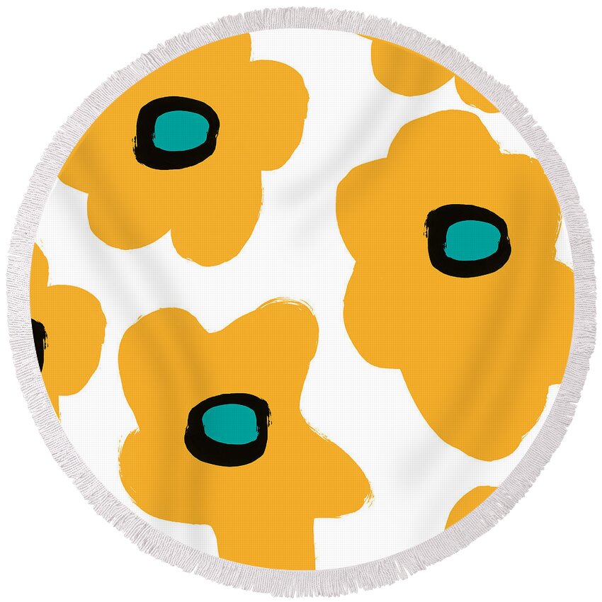 Modern Round Beach Towel featuring the painting Modern Yellow Flowers- Art by Linda Woods by Linda Woods