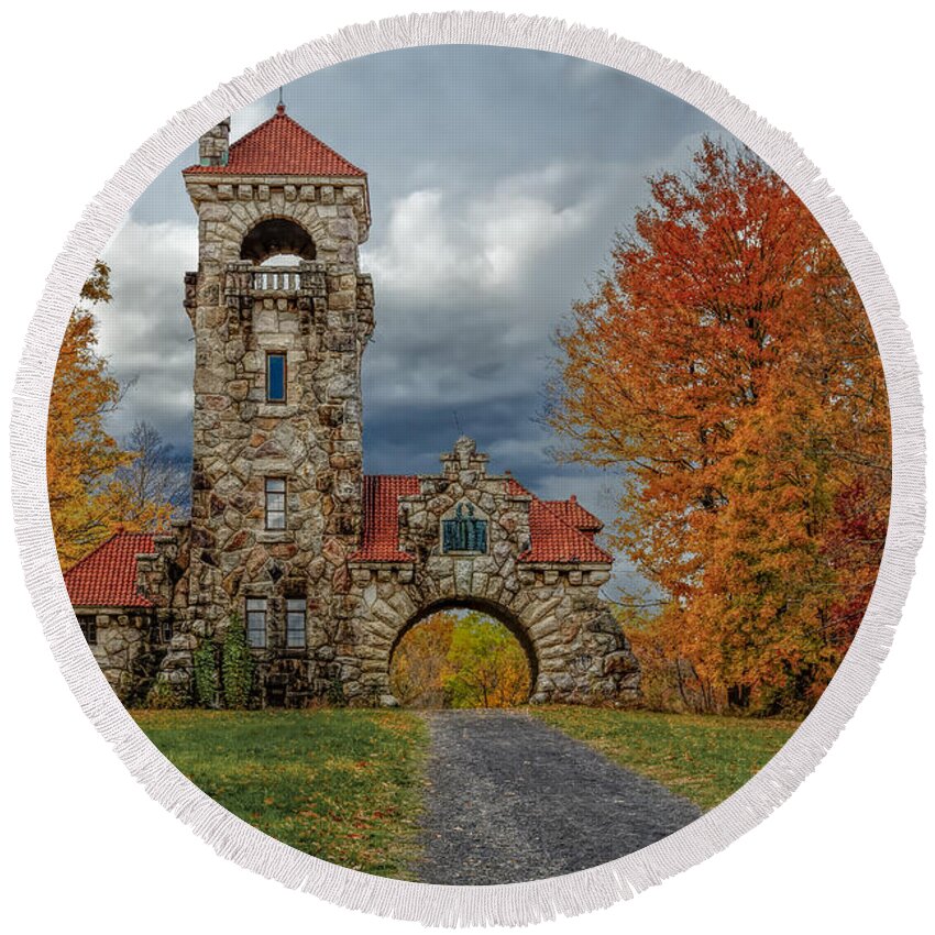 Mohonk Round Beach Towel featuring the photograph Mohonk Preserve Gatehouse by Susan Candelario