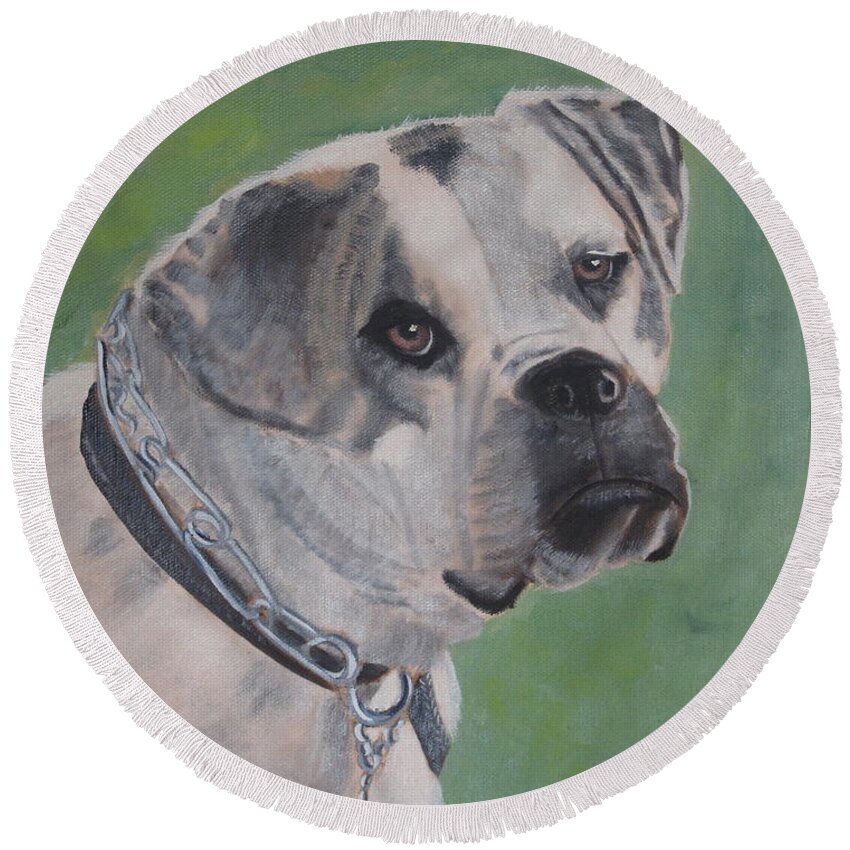 Pets Round Beach Towel featuring the painting Molly, Rescue Dog by Kathie Camara