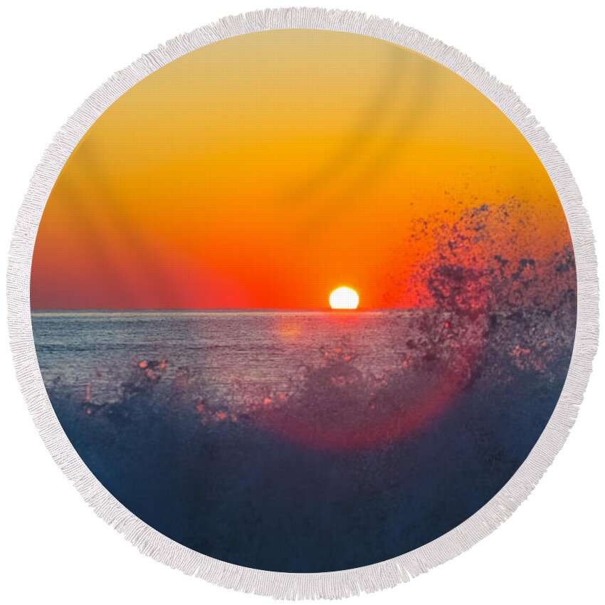 Atlantic Ocean Rehoboth Beach Deleware Nature Sunrise Pier Wave Frothy Sun Red Orange Round Beach Towel featuring the photograph Moment in Time by Allan Levin