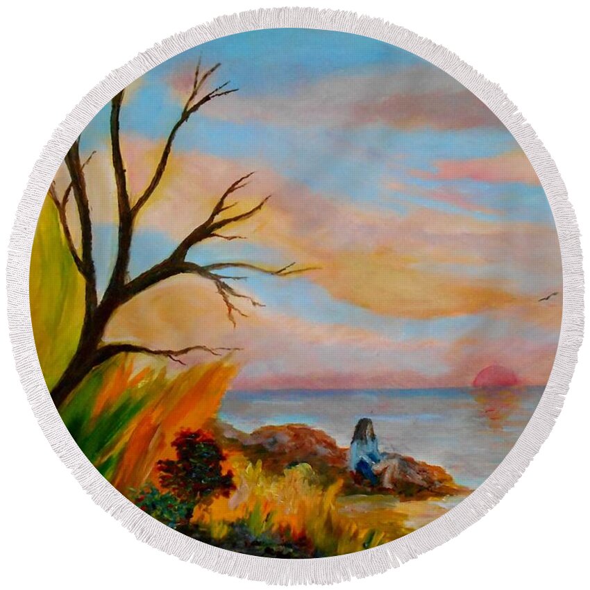 Blue Round Beach Towel featuring the painting Dreamy moments by Konstantinos Charalampopoulos