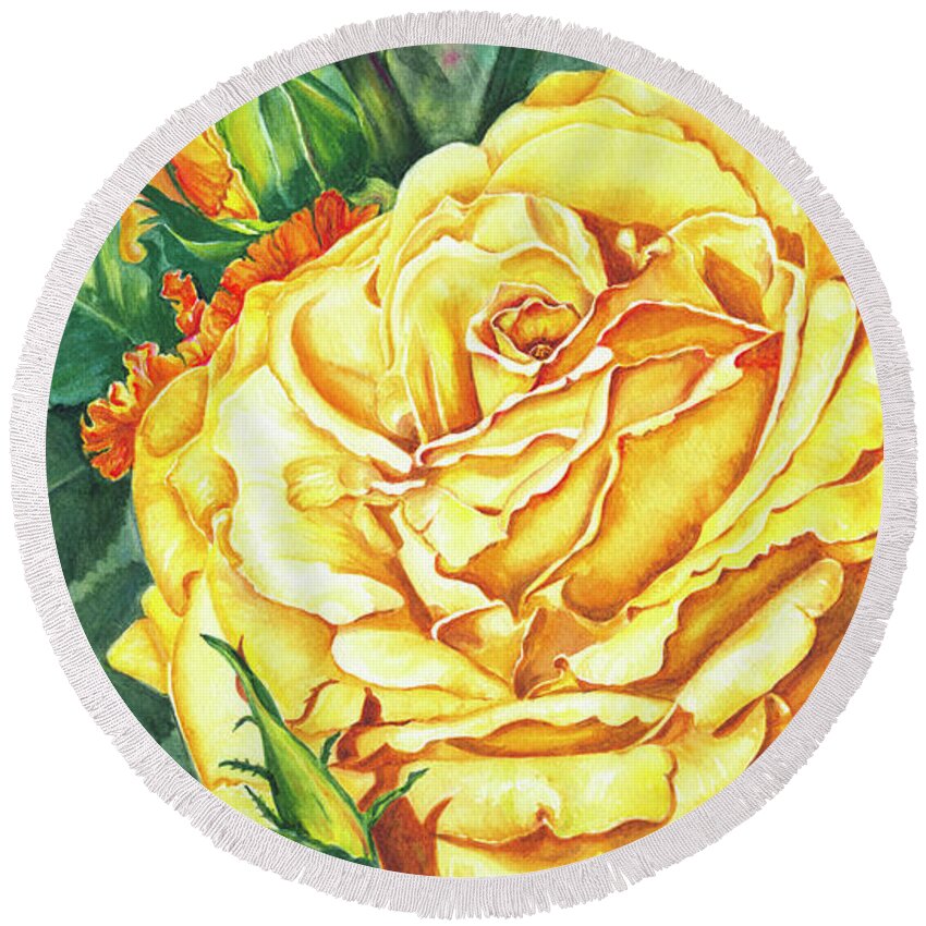 Yellow Rose Watercolor Round Beach Towel featuring the painting Mom's Golden Glory by Lori Taylor