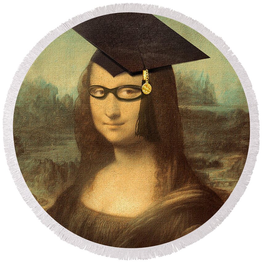 Davinci Round Beach Towel featuring the painting Mona Lisa Graduation Day by Gravityx9 Designs