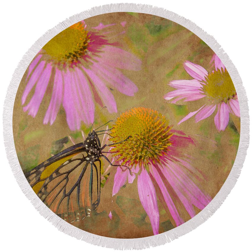 Monarch Round Beach Towel featuring the digital art Monarch Butterfly in Pink by David Stasiak