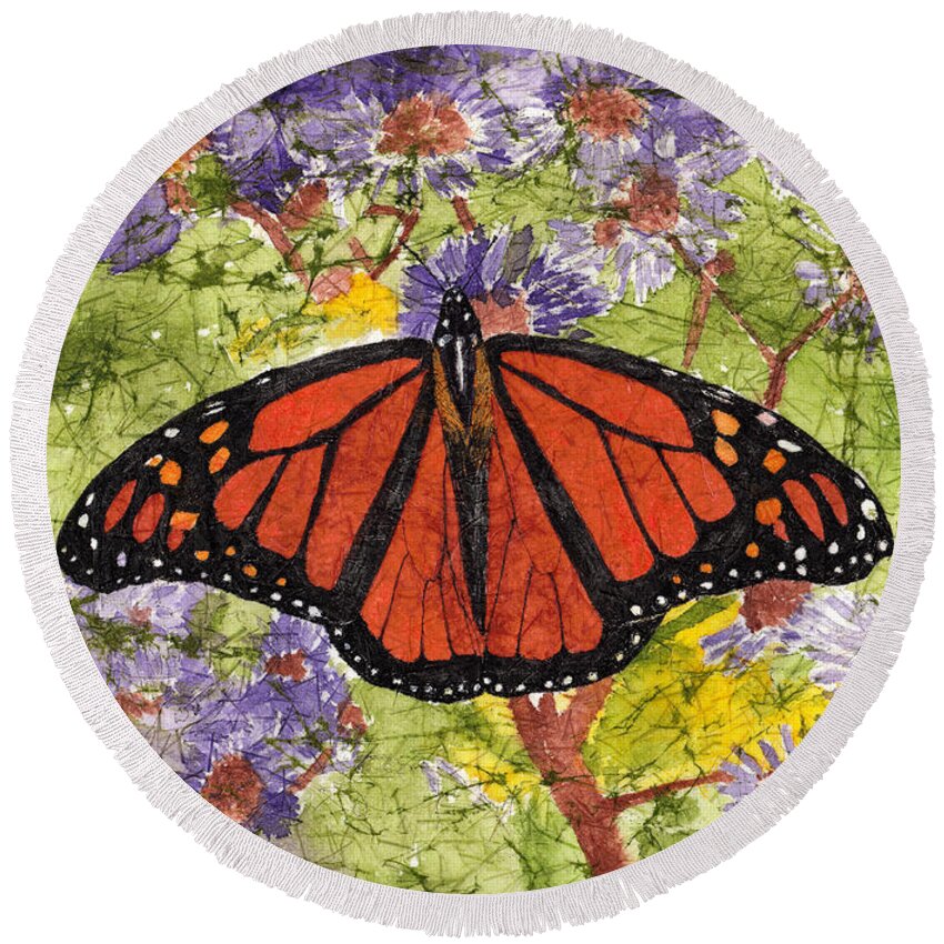 Monarch Butterfly Round Beach Towel featuring the painting Monarch Butterfly on Purple Flowers Watercolor Batik by Conni Schaftenaar