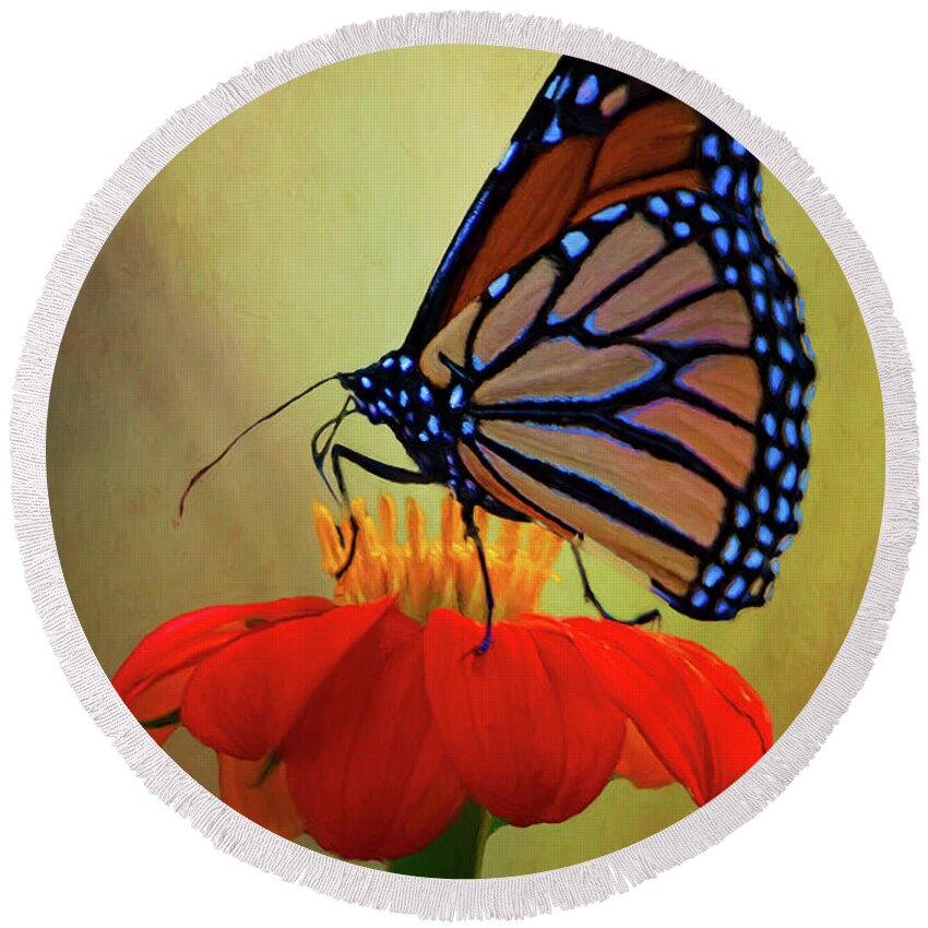 Butterfly Round Beach Towel featuring the photograph Monarch On A Mexican Sunflower by Chris Lord