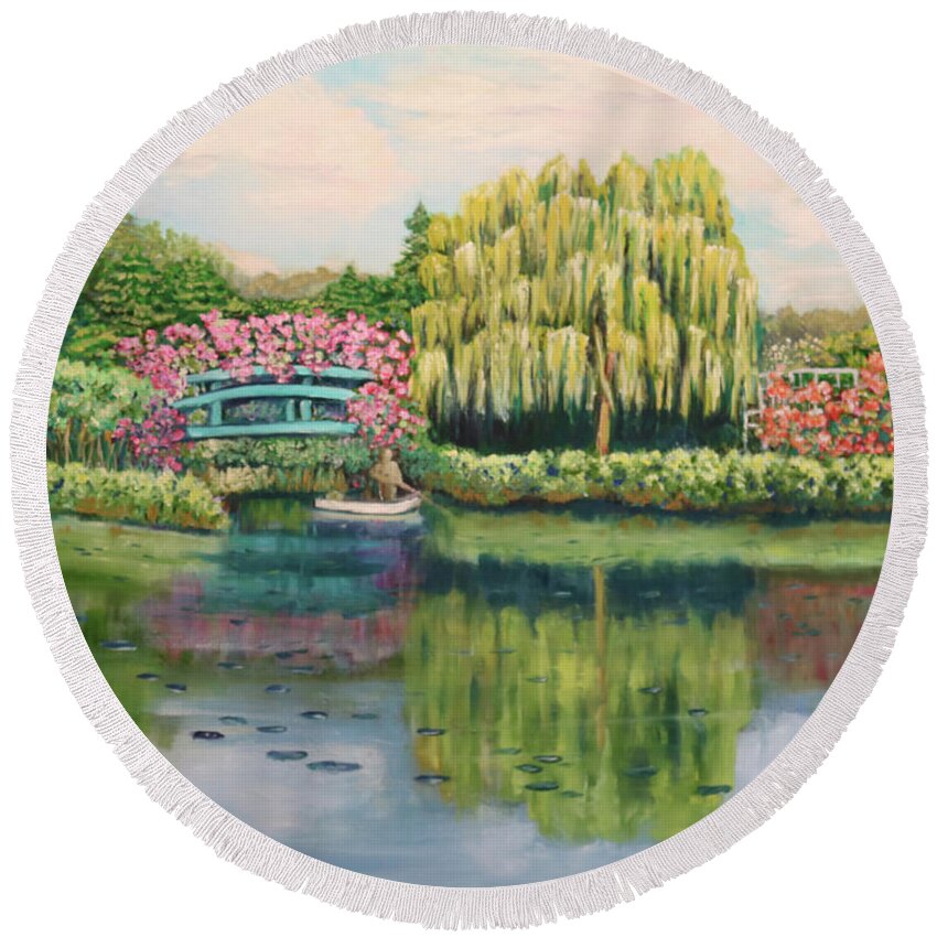 Landscape Round Beach Towel featuring the painting Monet's Summer Garden No.2 by Carole Sluski