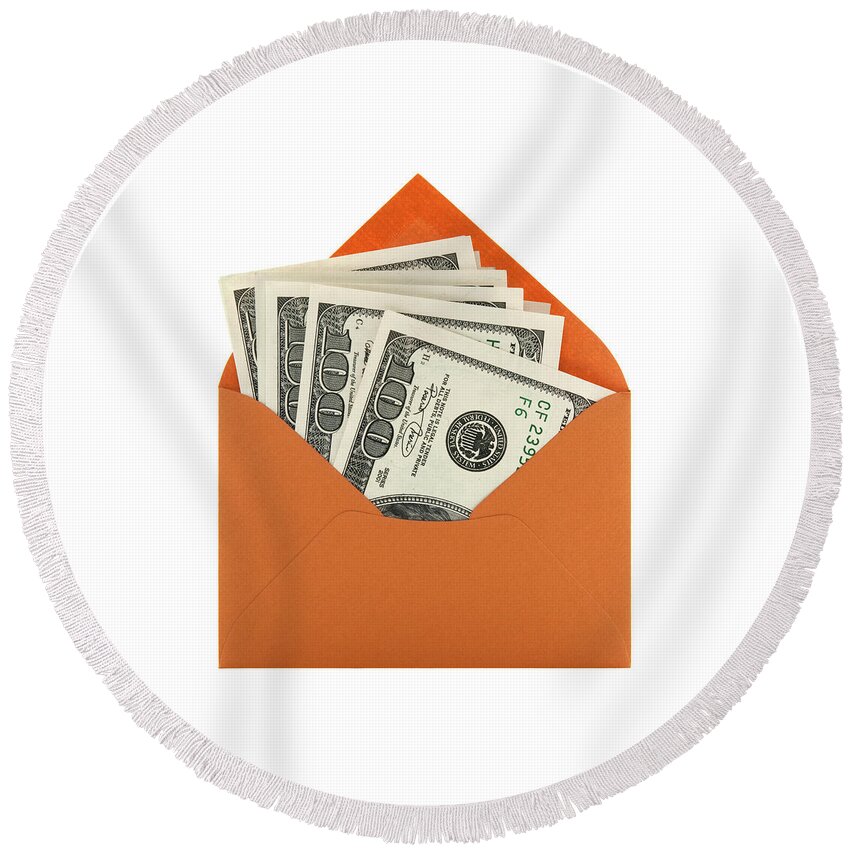 Money Round Beach Towel featuring the photograph Money in an orange envelope by GoodMood Art