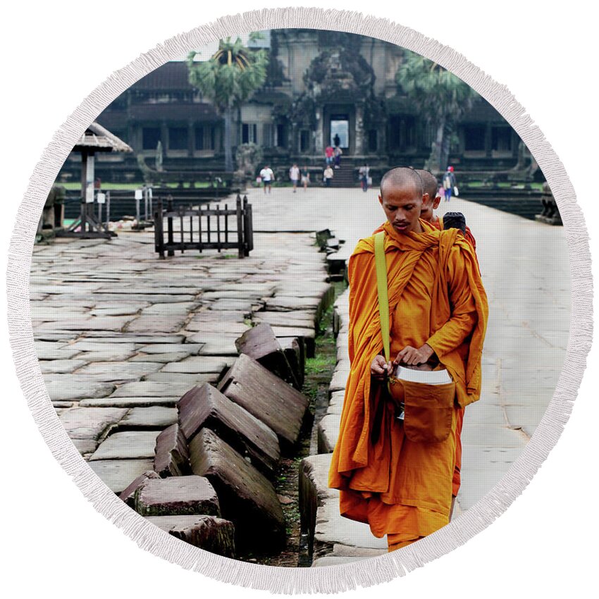  Round Beach Towel featuring the digital art Monks Angkor Wat by Darcy Dietrich