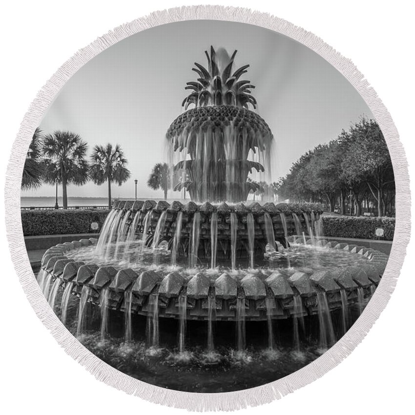 Pineapple Fountain Round Beach Towel featuring the photograph Monochrome Pineapple Fountain in Charleston by Dale Powell