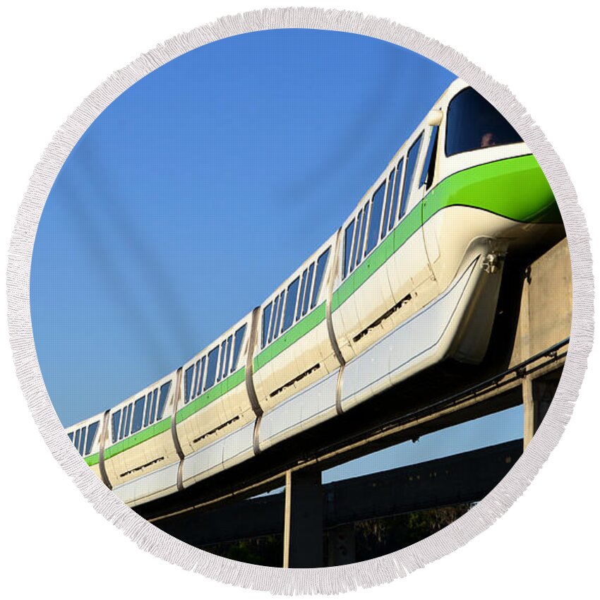 Modern Transportation Round Beach Towel featuring the photograph Monorail Green by David Lee Thompson