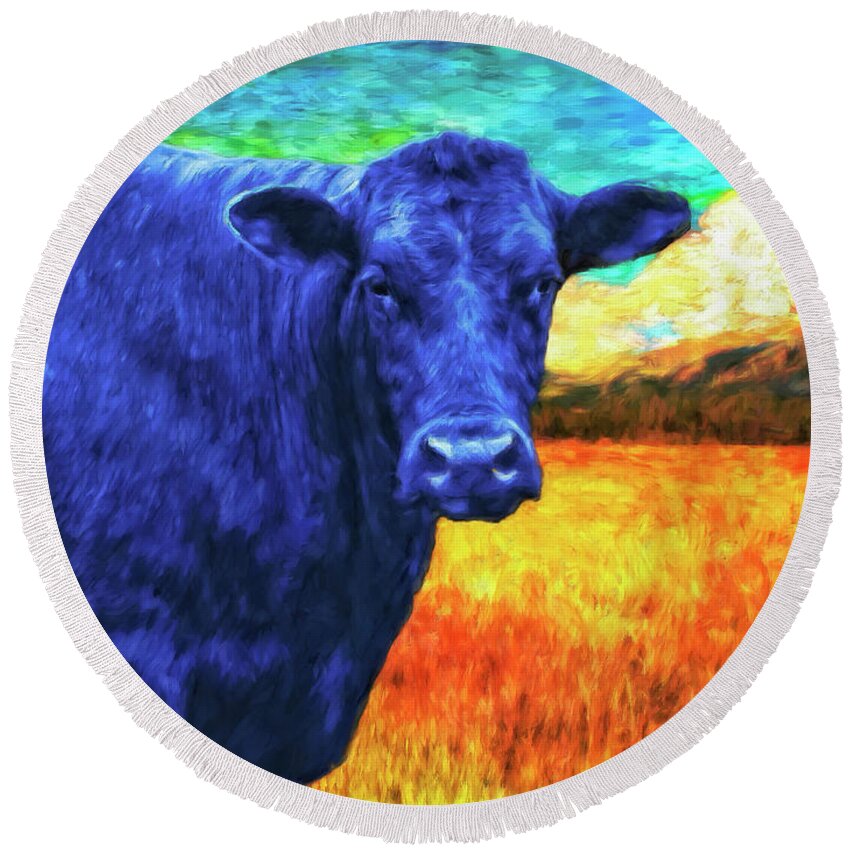 Cow Round Beach Towel featuring the painting Montana Blue by Sandra Selle Rodriguez