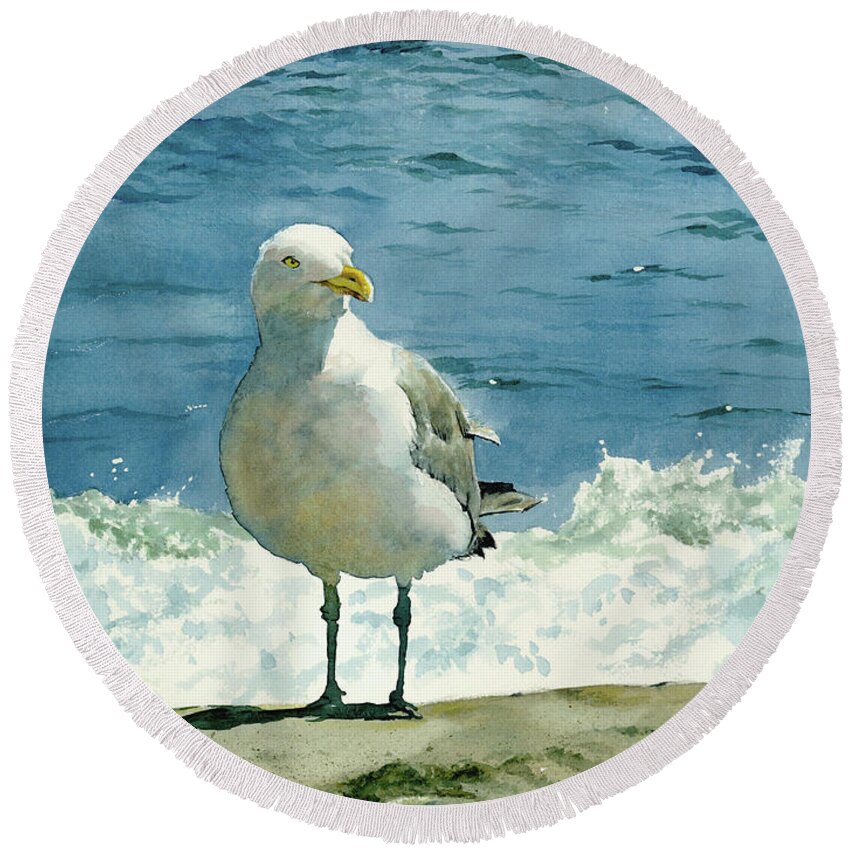 #faatoppicks Round Beach Towel featuring the painting Montauk Gull by Tom Hedderich
