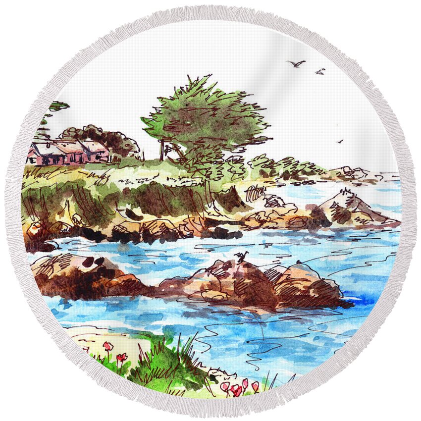 Monterey Shore Round Beach Towel featuring the painting Monterey Shore by Irina Sztukowski