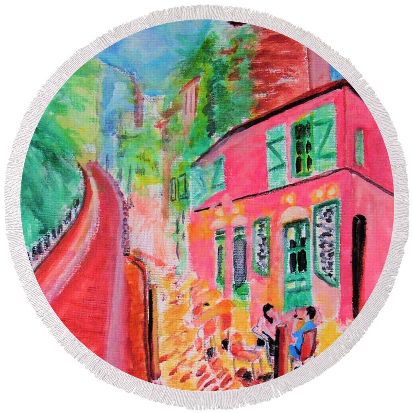 Montmartre Cafe Paris Round Beach Towel featuring the painting Montmartre Cafe in Paris by Stanley Morganstein