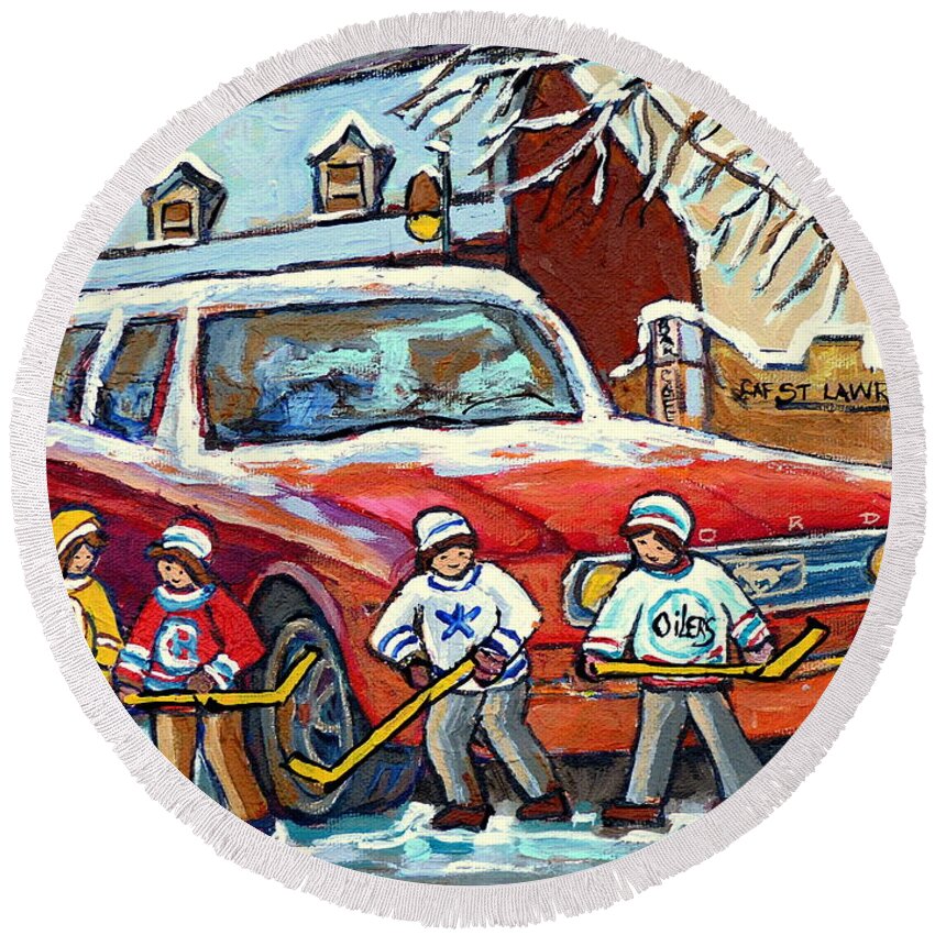 Montreal Round Beach Towel featuring the painting Montreal Landmarks Winterscenes For Sale Hockey Game Across Moishe's Restaurant C Spandau Artist   by Carole Spandau