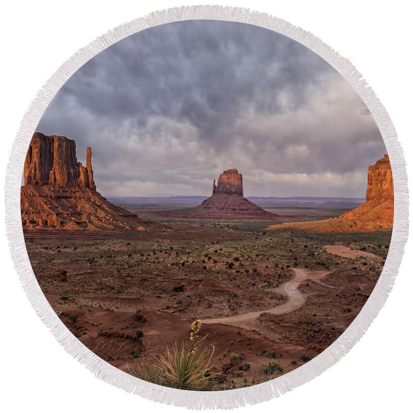 Arizona Round Beach Towel featuring the photograph Monument Valley Mittens AZ DSC03662 by Greg Kluempers