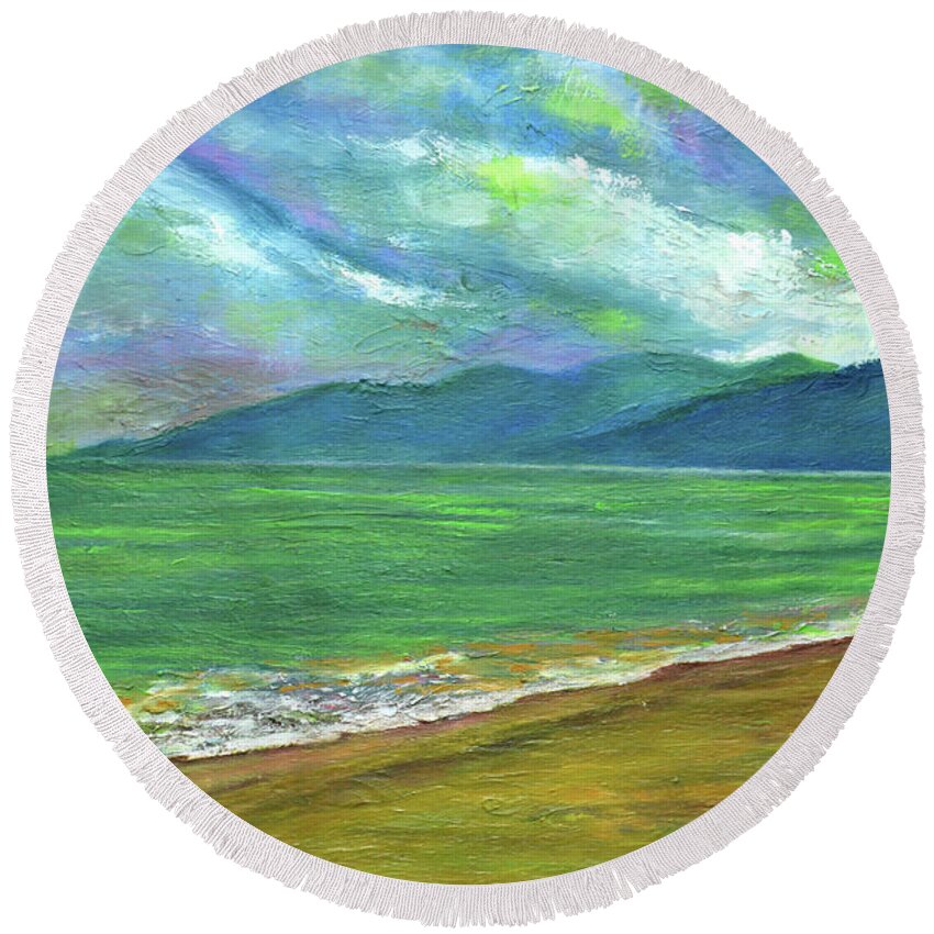 Colorful Round Beach Towel featuring the painting Moods of Tioman 4 by Usha Shantharam