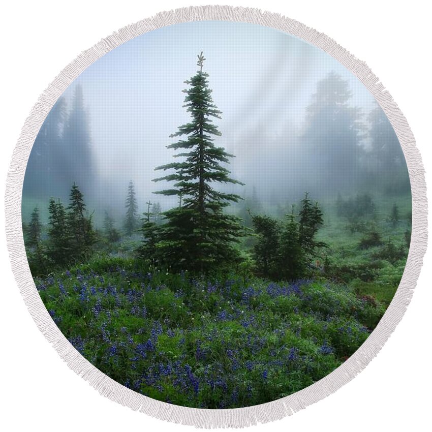 Moody Myrtle Falls Trail At Mount Rainier Round Beach Towel featuring the photograph Moody Myrtle Falls Trail at Mount Rainier by Lynn Hopwood