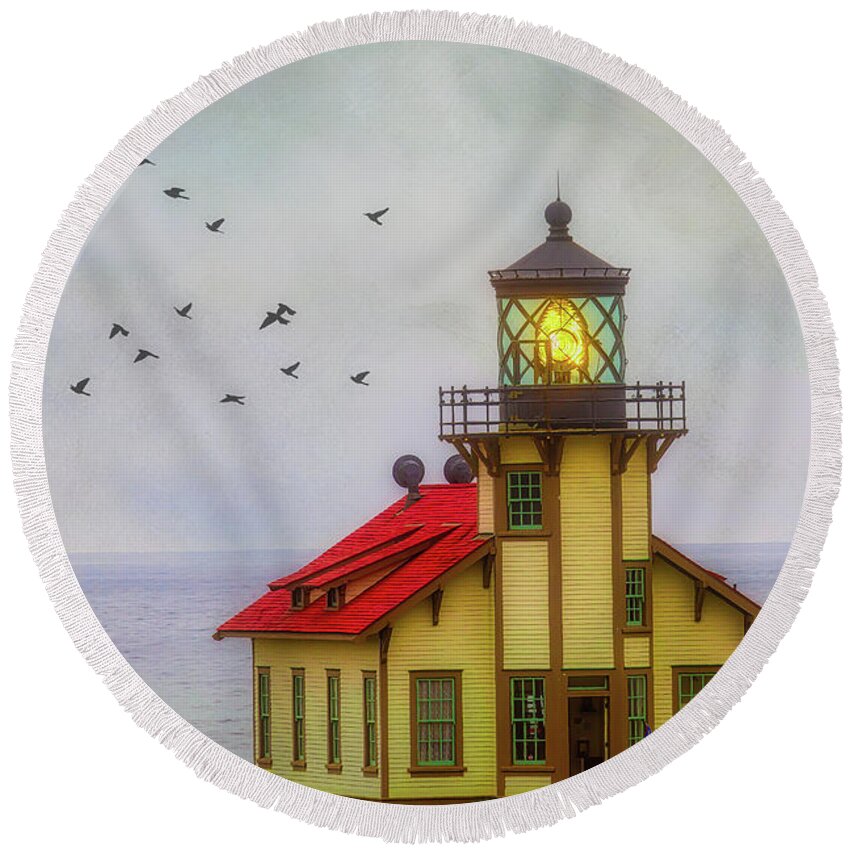 Point Carrillo Light Station Round Beach Towel featuring the photograph Moody Point Cabrillo Light Station by Garry Gay