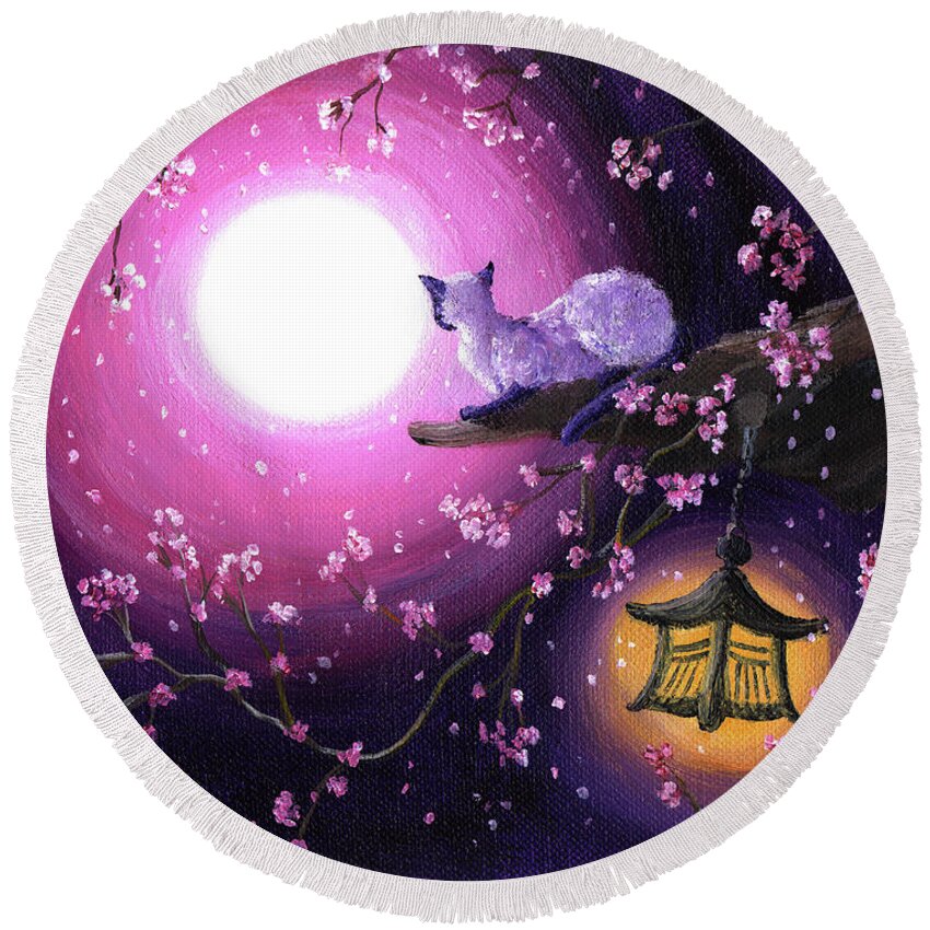 Zen Round Beach Towel featuring the painting Moon Glow Lantern Glow by Laura Iverson