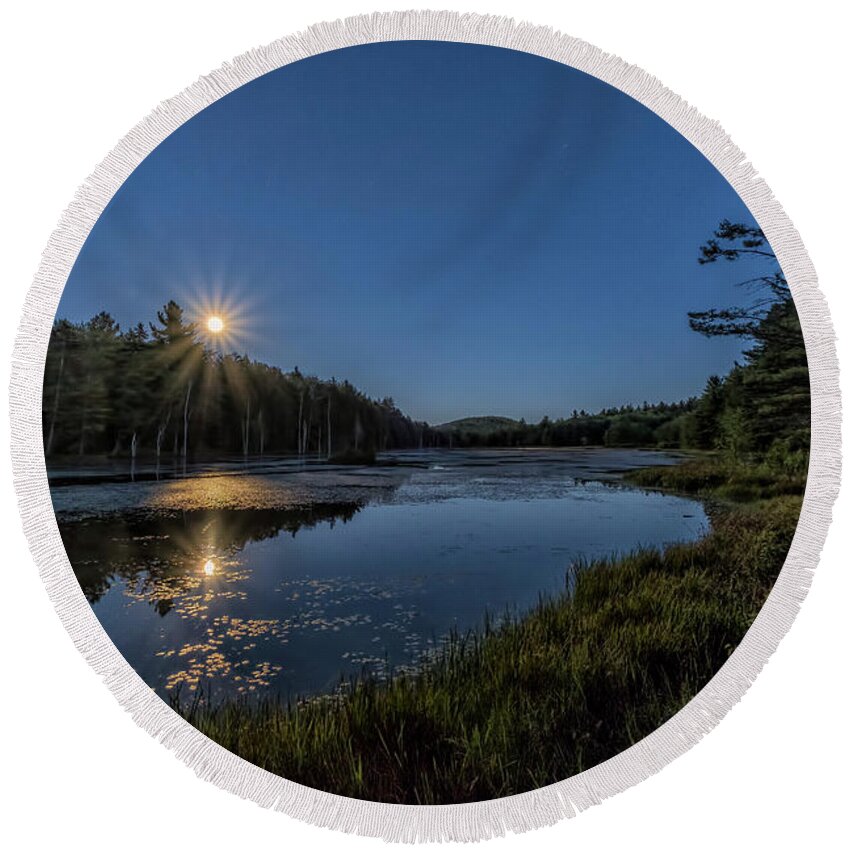 Marlboro Round Beach Towel featuring the photograph Moon On North Pond Road by Tom Singleton
