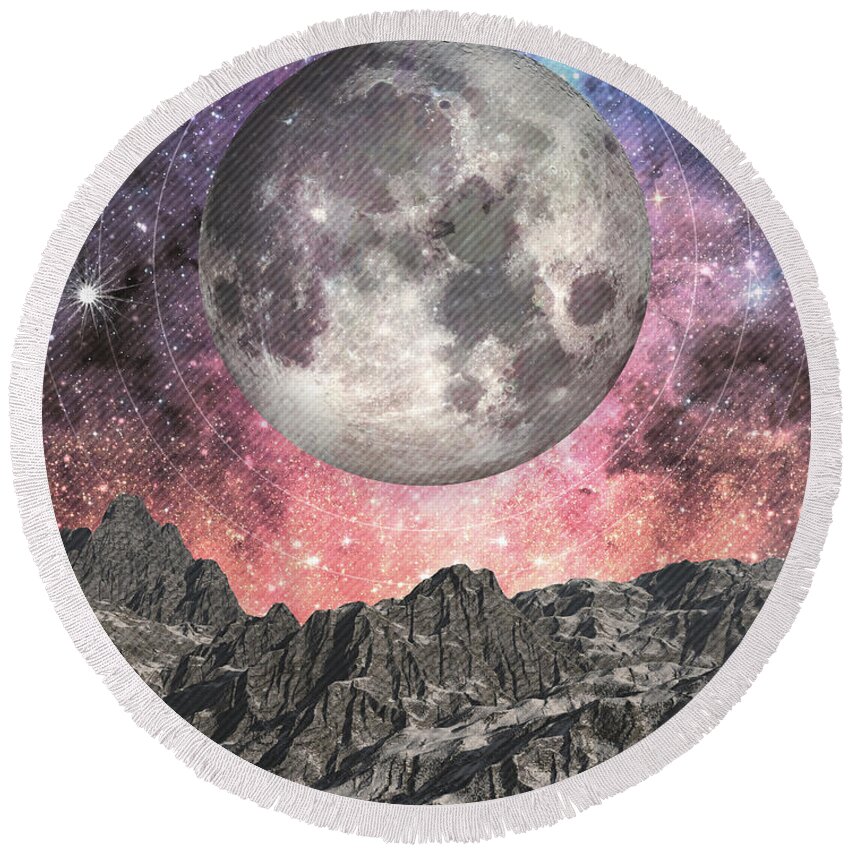Moon Round Beach Towel featuring the digital art Moon Over Mountain Lake by Phil Perkins