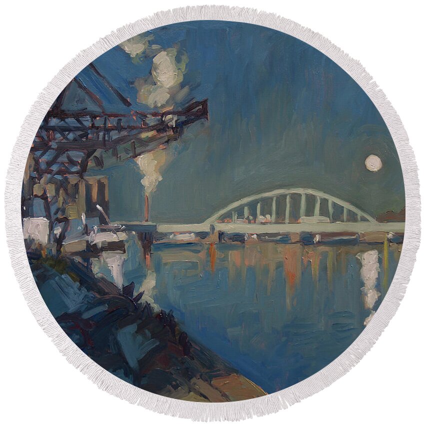 Maastricht Round Beach Towel featuring the painting Moon over the railway bridge Maastricht by Nop Briex