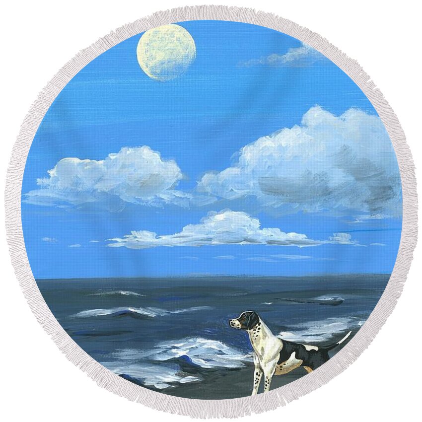 Print Round Beach Towel featuring the painting Moon Over The Sea by Margaryta Yermolayeva