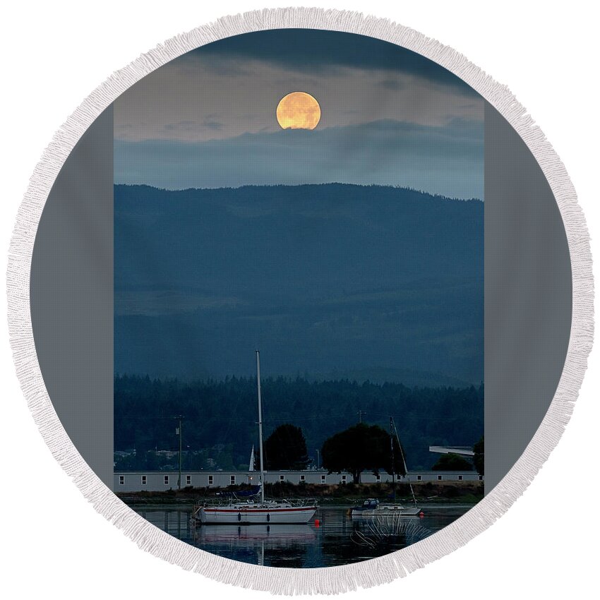 Blue Heron Comox British Columbia Pacific Ocean Canada Birds Wildlife. Ocean West Coast Miracle Beach Bald Eagle Moon Round Beach Towel featuring the photograph Moon Over The Spit by Edward Kovalsky
