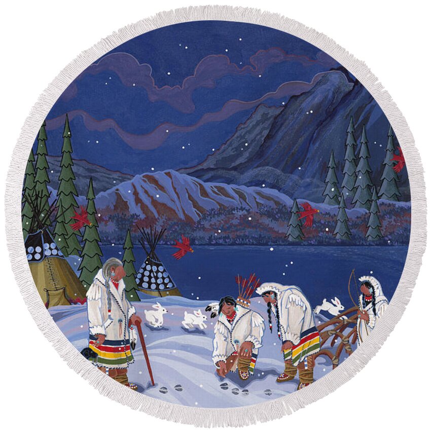 Many Stories Cannot Be Recounted Until There Is Snow On The Ground. Here You Are Watching As A Respected Elder Teaches About Tracking In The Winter Snows. Round Beach Towel featuring the painting Moon When the Rivers Dream by Chholing Taha