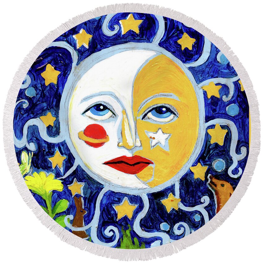 Moon Round Beach Towel featuring the painting Moonface With Wolf And Stars by Genevieve Esson