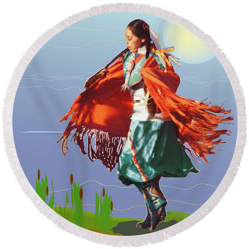 American Indian Round Beach Towel featuring the mixed media Moonlight Dance by Kae Cheatham
