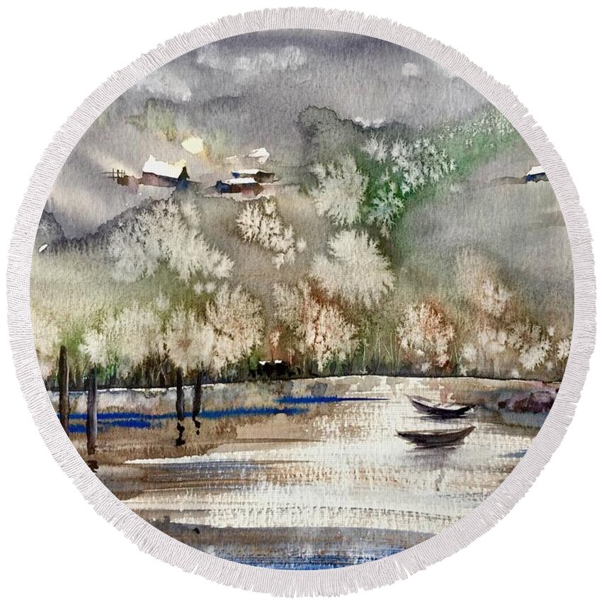 Landscape Round Beach Towel featuring the painting Moonlight by Katerina Kovatcheva