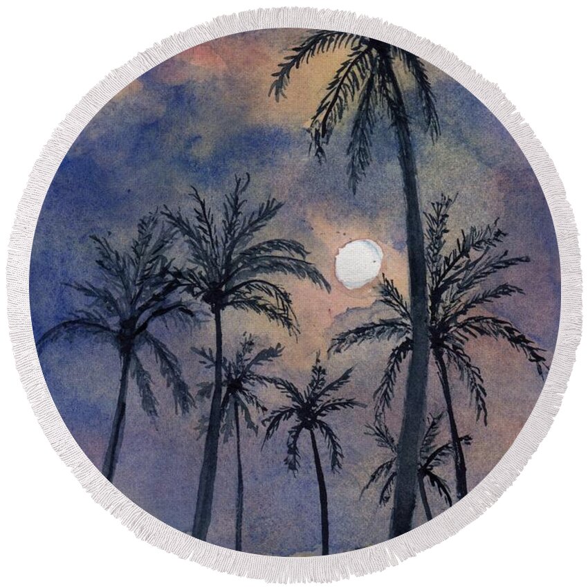 Florida Round Beach Towel featuring the painting Moonlight Over Key West by Randy Sprout
