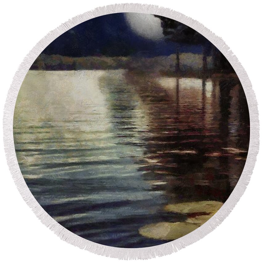 Landscape Round Beach Towel featuring the painting Moonlight Ripples by RC DeWinter