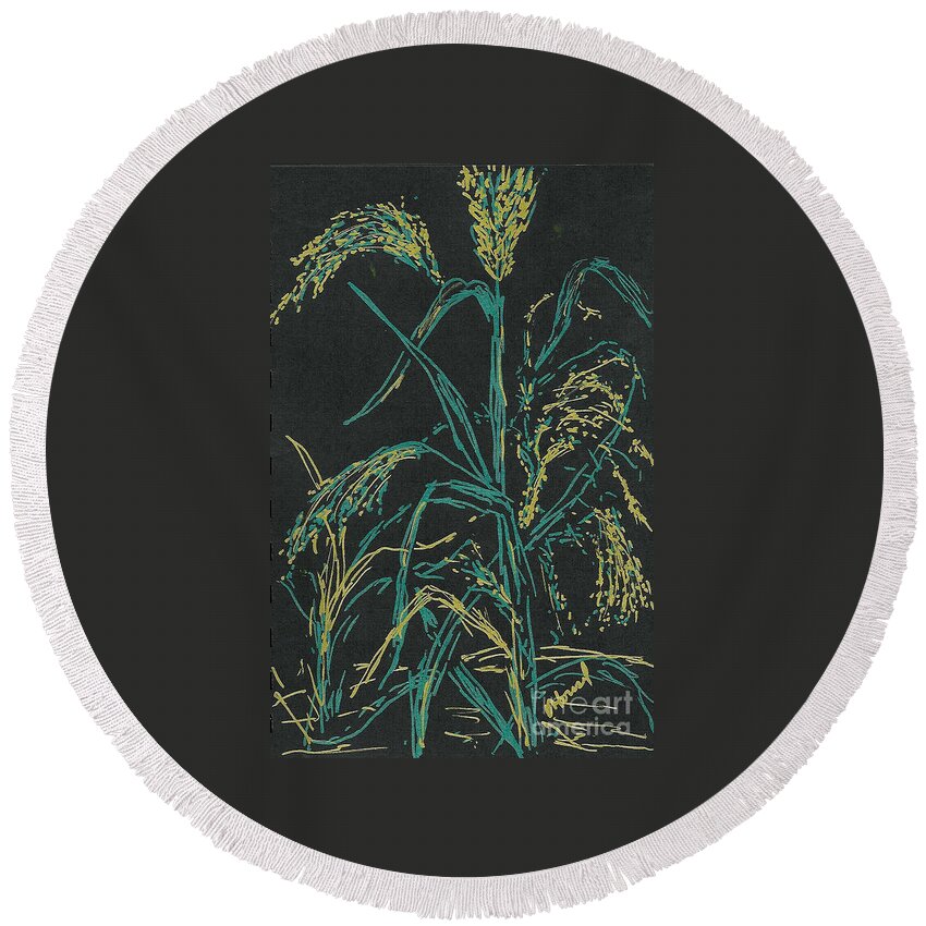 Wheat Round Beach Towel featuring the mixed media Moonlight Wheat by Vicki Housel