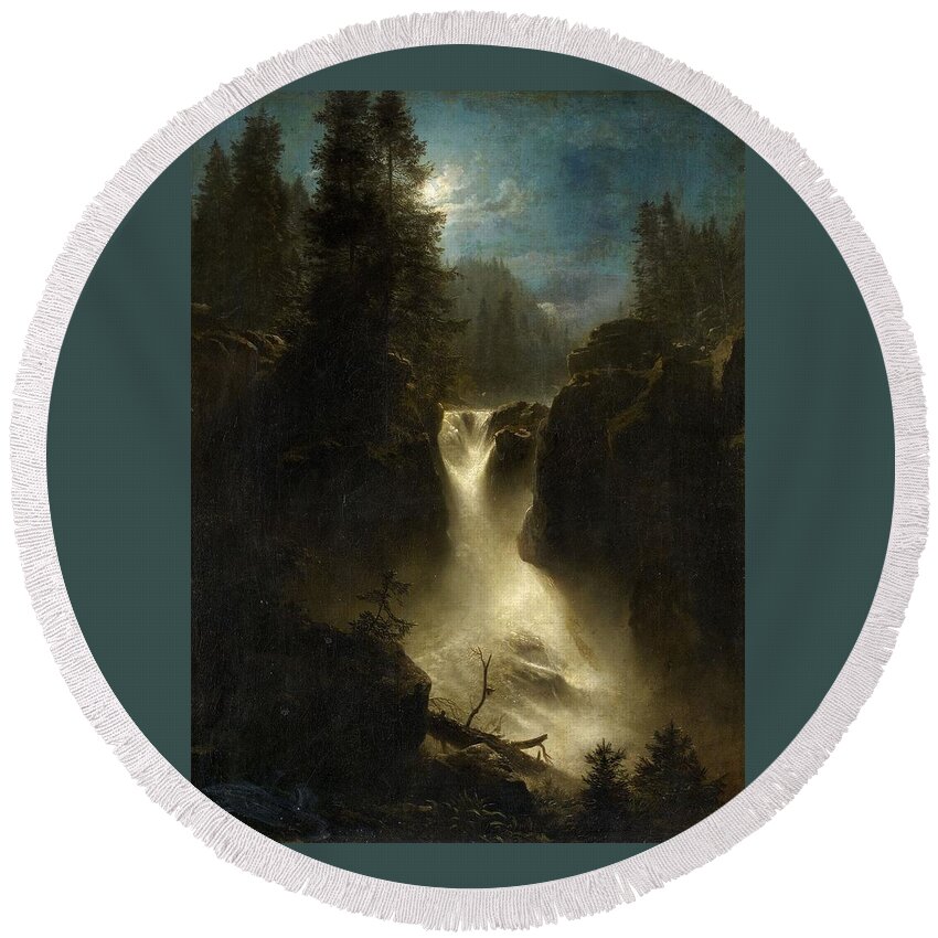 Oswald Achenbach Round Beach Towel featuring the painting Moonlit Alpine Landscape by Oswald Achenbach