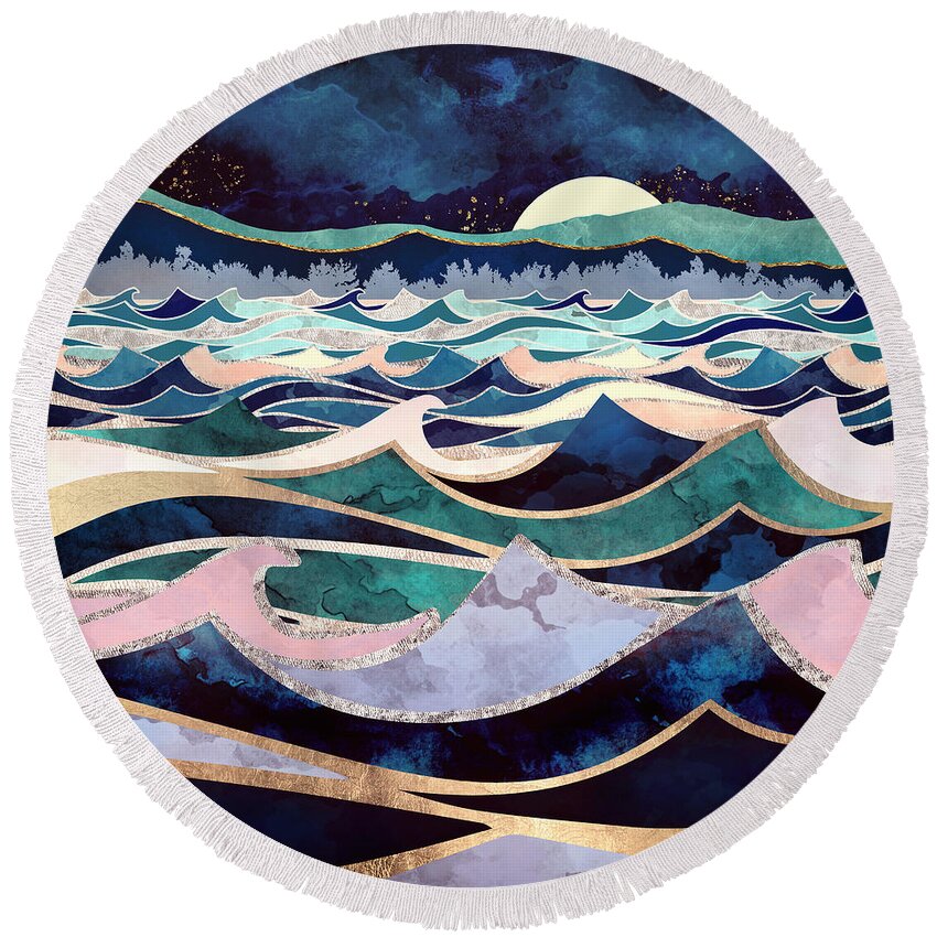 Ocean Round Beach Towel featuring the digital art Moonlit Ocean by Spacefrog Designs