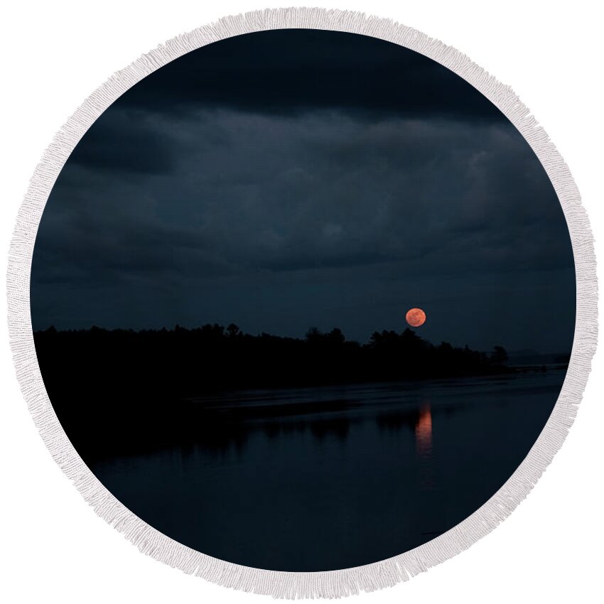 Night Round Beach Towel featuring the photograph Moonrise Over Blue Hill Bay by Greg DeBeck