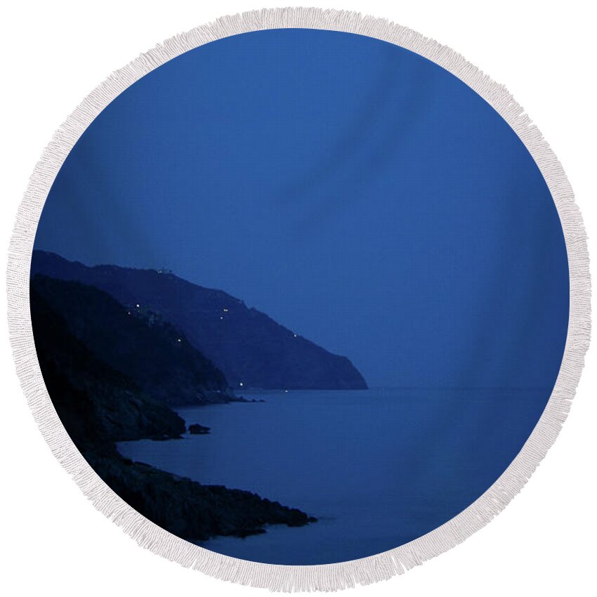 Vernazza Round Beach Towel featuring the photograph Moonrise over Vernazza by Doug Sturgess
