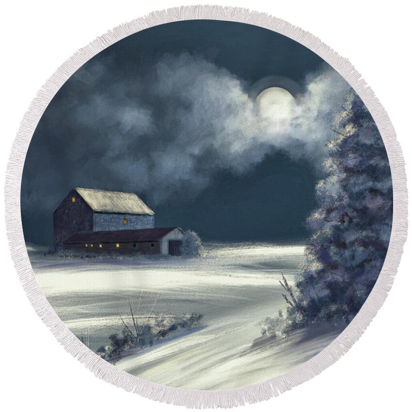 Moon Round Beach Towel featuring the digital art Moonshine On The Snow by Lois Bryan