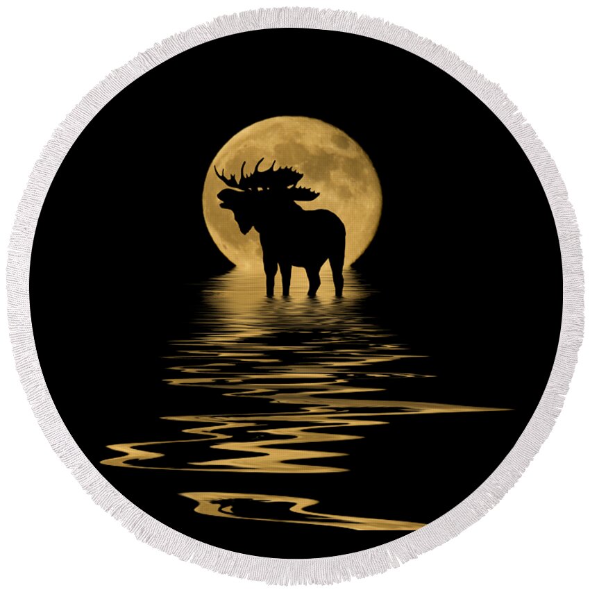 Colorado Round Beach Towel featuring the mixed media Moose in the Moonlight by Shane Bechler