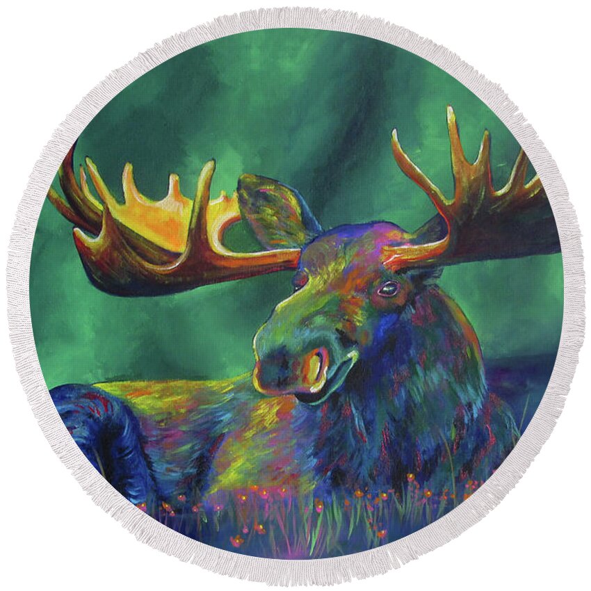 Moose Round Beach Towel featuring the painting Moose Meadow by Sara Becker