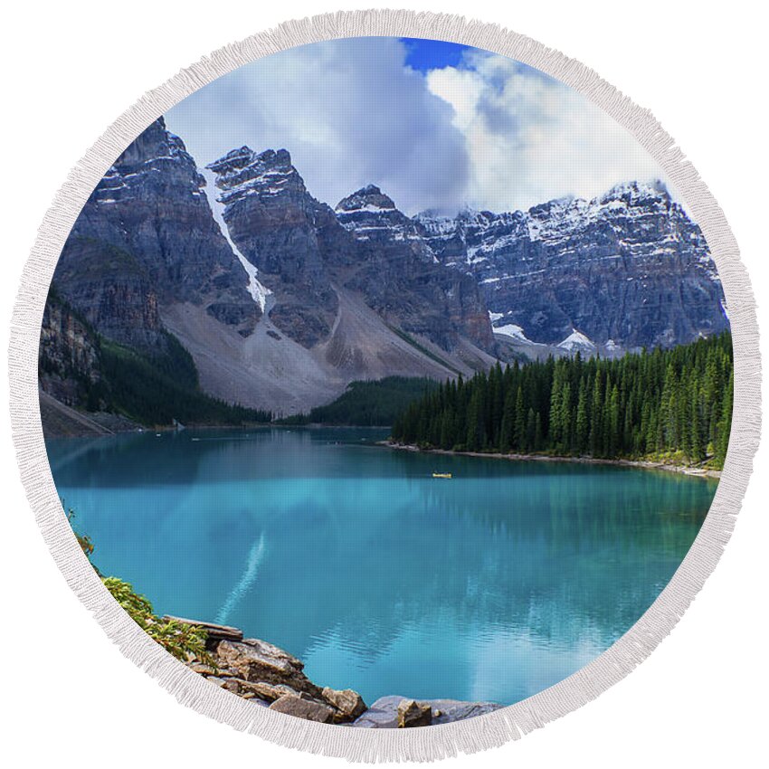 Banff Round Beach Towel featuring the photograph Moraine Lake by Thomas Nay