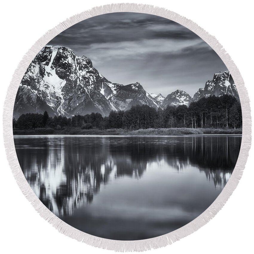 Mount Moran Round Beach Towel featuring the photograph Moran in Monochrome by Darren White
