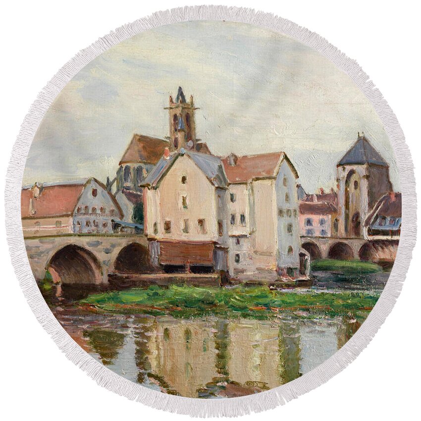 Alfred Sisley Round Beach Towel featuring the painting Moret-sur-Loing. Morning by Alfred Sisley