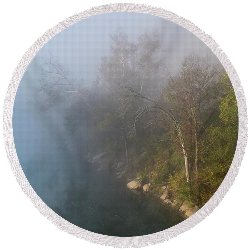 Autumn Round Beach Towel featuring the photograph Morning at Illinois River by Robert Potts